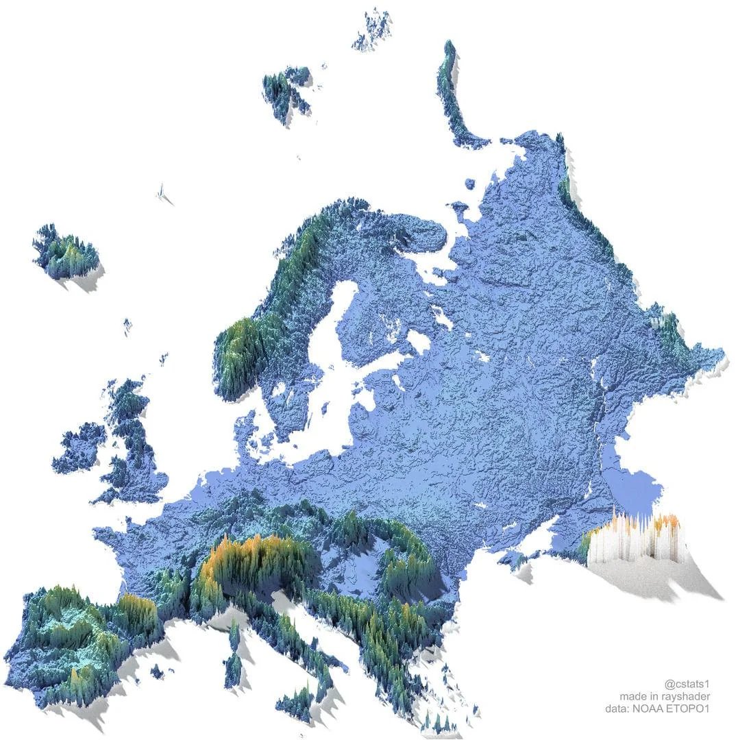 TheGlobal_Index's tweet photo. The elevation map of Europe. https://t.co/otmtGuqDWV