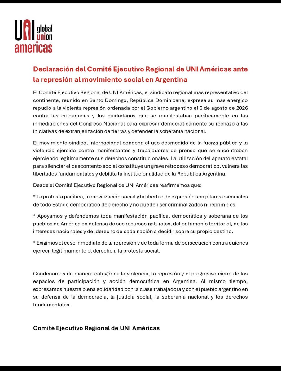 vascozubieta's tweet photo. Desde el Comité Ejecutivo de @uniamericas se estableció la Declaración de repudio a la violenta represión contra quienes se manifestaban pacíficamente en rechazo a la extranjerización la tierra, se reafirmó, 
la democracia, la soberanía nacional y el derecho a la protesta social. https://t.co/fTXUH4ta3w