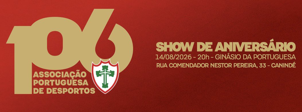 _nascimentoluiz's tweet photo. A Portuguesa (associação) comemorará os 106 anos na próxima sexta-feira, às 20h, com uma festa no ginásio do clube. 

Haverá show de Rodrigo Leal em tributo ao pai, Roberto Leal, com os maiores sucessos dele, apresentação de fado com Maria Emília e Heloísa Costa, e exibição do Grupo Folclórico.

Os convites já estão a venda de forma online no site DL7 Tickets: R$ 130,00 para mesa e R$ 60,00 para arquibancada. ⬇️