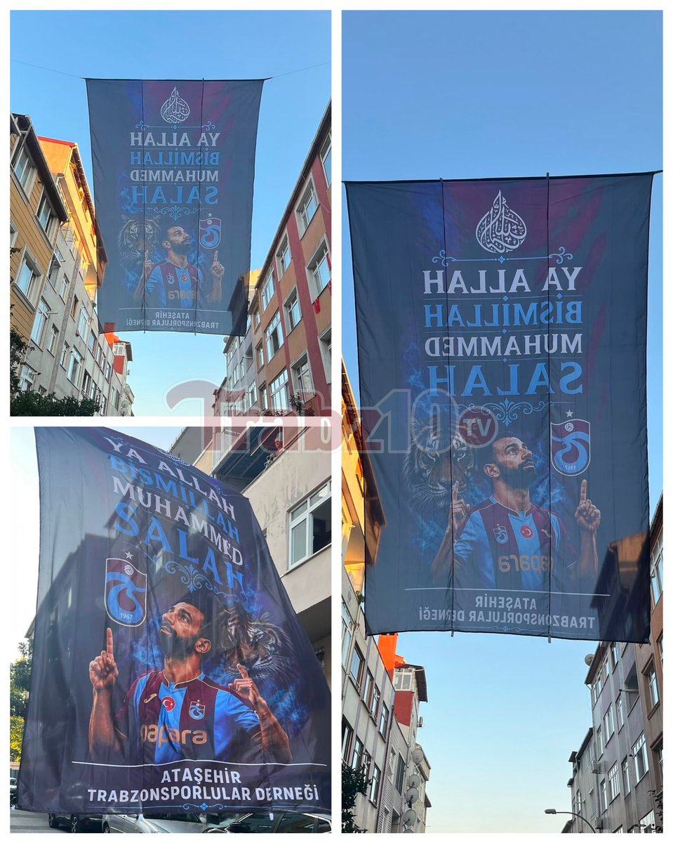 Trabz10TV's tweet photo. Ataşehir Trabzonsporlular Derneği, Mohamed Salah’a olan sevgisini “Ya Allah Bismillah Muhammed Salah” yazılı devasa bir bayrak ile gösterdi. Mahalleye asılan dev bayrak büyük ilgi çekerken, sokaklar da Mohamed Salah görselleriyle donatıldı. Dünya yıldızı için hazırlanan bu özel organizasyon, Trabzonsporlu taraftarların heyecanını bir kez daha gözler önüne serdi.
