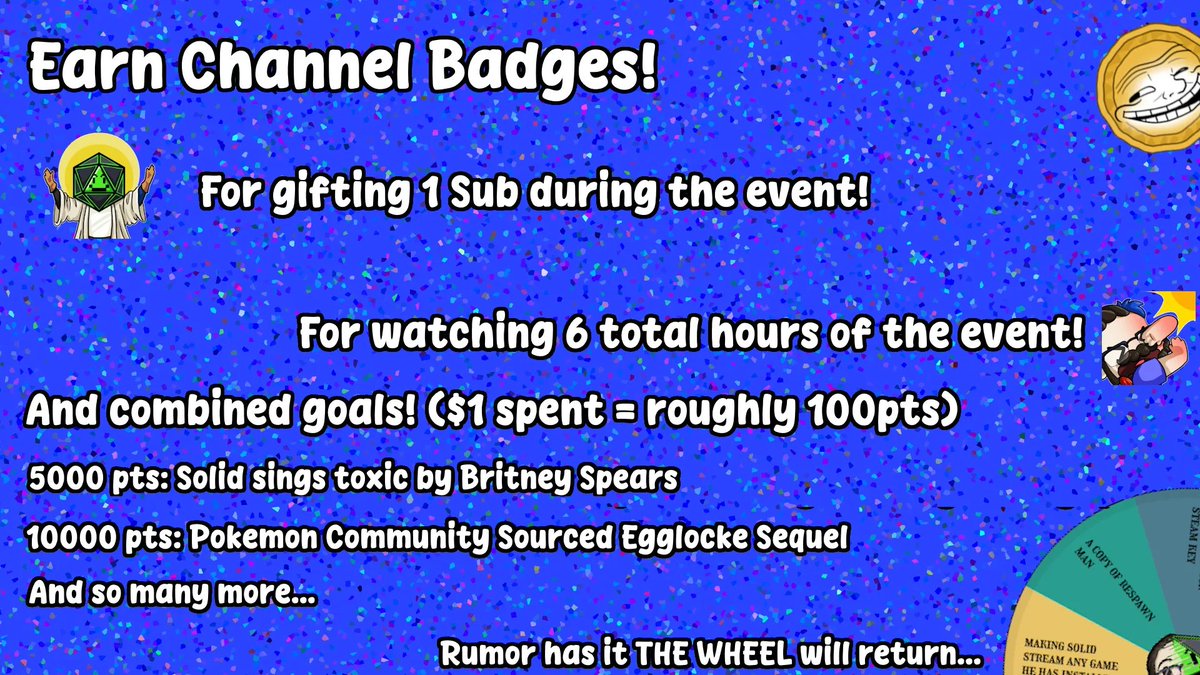 Solidplasma's tweet photo. My birthday is coming up, and I'm doing a Subathon, complete with goals, game giveaways, and THE WHEEEEEEL! Whenever this subathon ends, streams will take a hiatus for the rest of the month, so let's make it count! RTs help a ton if you can't sub. https://t.co/zeQozENTwF