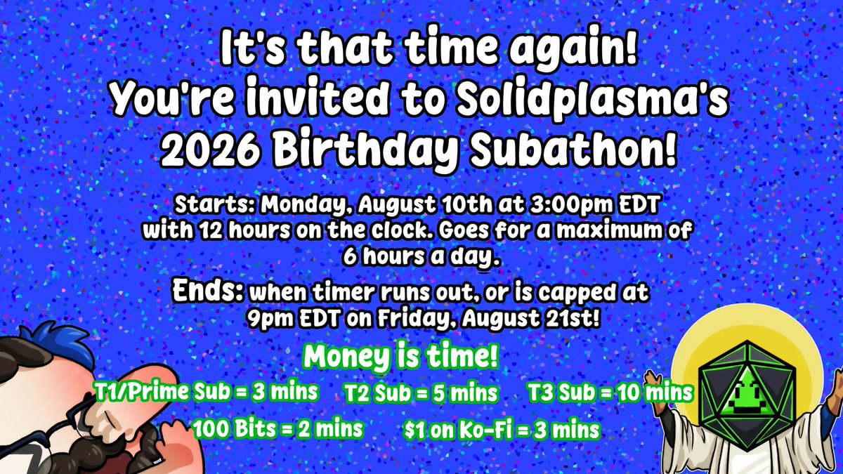 Solidplasma's tweet photo. My birthday is coming up, and I'm doing a Subathon, complete with goals, game giveaways, and THE WHEEEEEEL! Whenever this subathon ends, streams will take a hiatus for the rest of the month, so let's make it count! RTs help a ton if you can't sub. https://t.co/zeQozENTwF