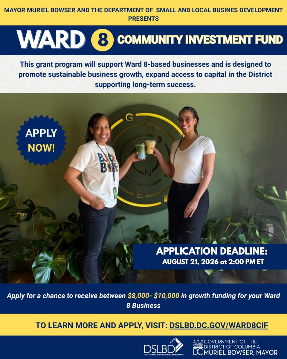 SmallBizDC's tweet photo. Applications are open for the FY26 Ward 8 Community Investment Fund Grant Program!

Eligible Ward 8 businesses can apply for grants of up to $8K or $10K (for eligible CBEs).

Deadline: Aug. 21 at 2 PM ET.

Visit https://t.co/x51erAFdyS for more information. https://t.co/WvVJfaZoIx