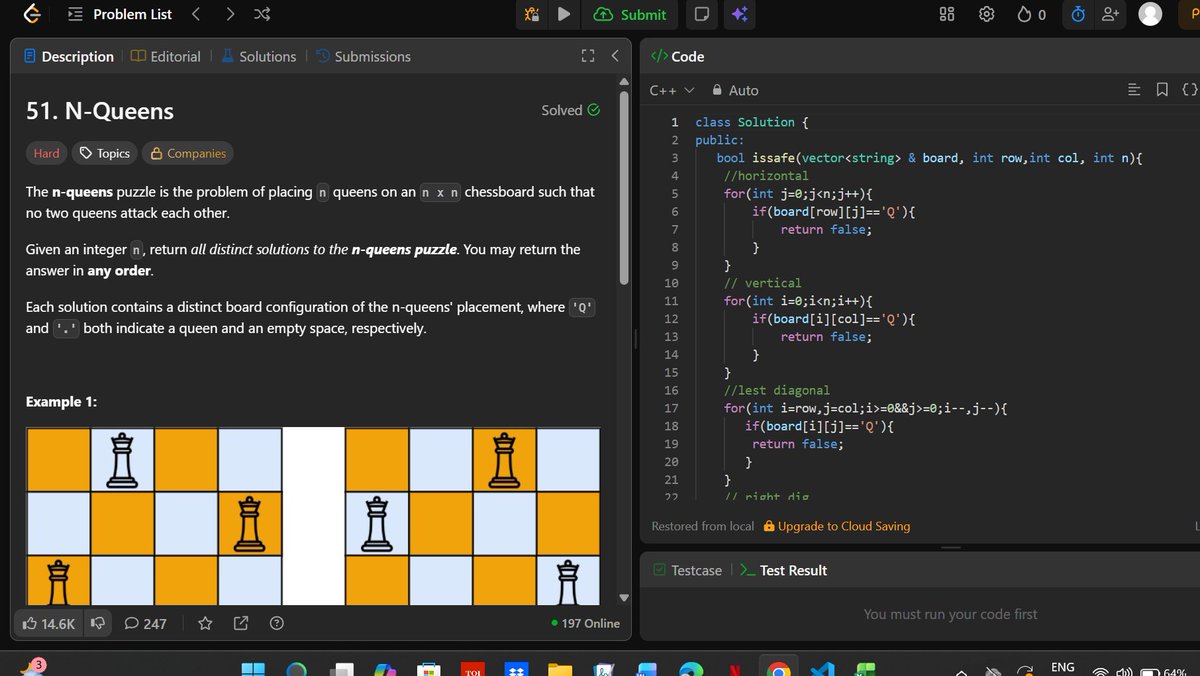 Ankit_kumar_290's tweet photo. Day 5 of #DSACodingChallenge 🚀

Solved LeetCode 51 – N-Queens 
and LeetCode 7 – Reverse Integer.
Learned Backtracking by placing and removing queens to explore all valid solutions, and handled integer overflow while reversing an integer.

#LeetCode #DSA #Backtracking #Recursion https://t.co/i4ls9n1Qd3