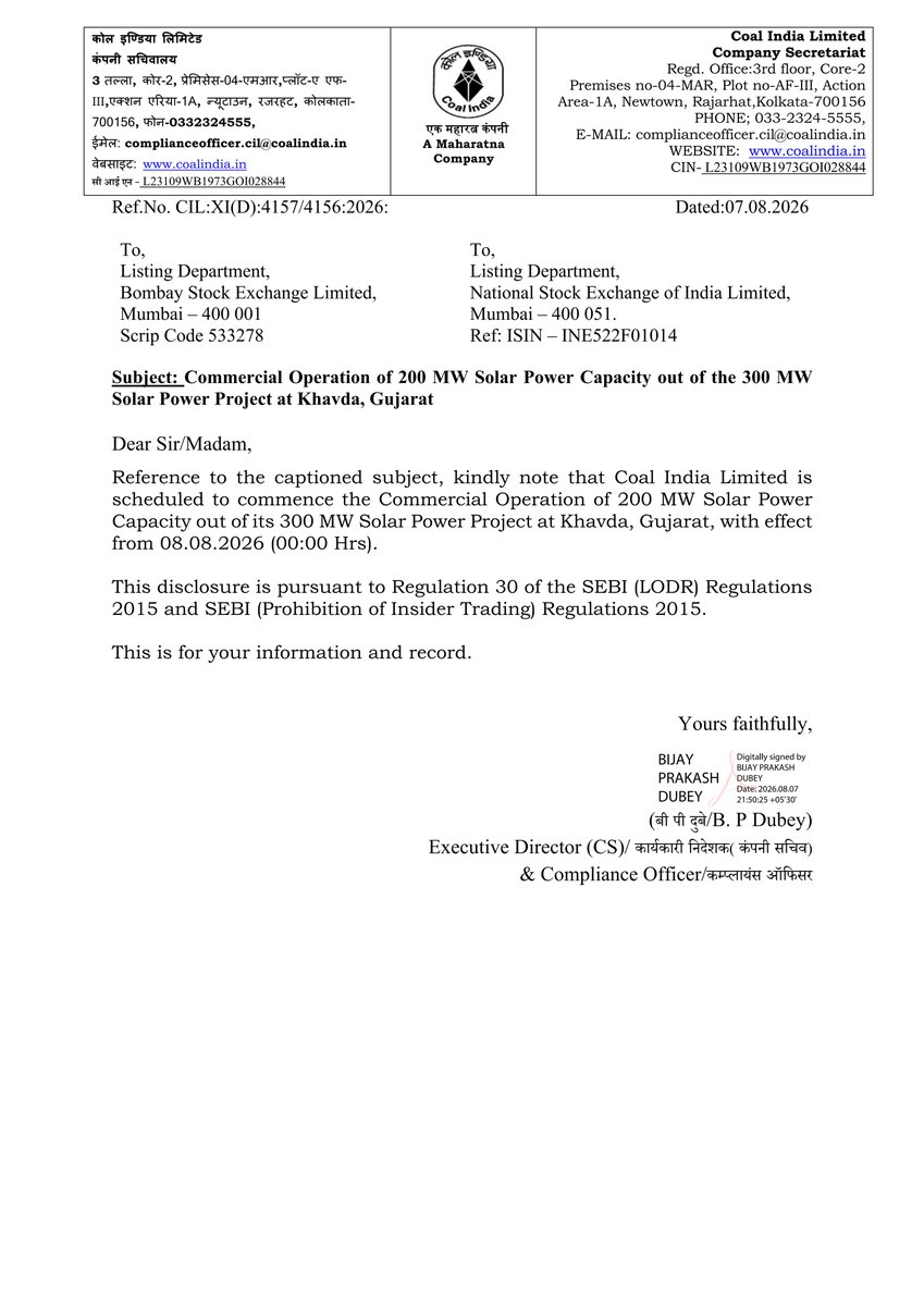 stocknewslatest's tweet photo. #COALINDIA Coal India Limited announced the commercial operation of 200 MW of its 300 MW Solar Power Project at Khavda, Gujarat, effective August 8, 2026. This significant step marks a move towards renewable energy for the company, as disclosed to regulatory bodies. https://t.co/zXyVbqkQ5z