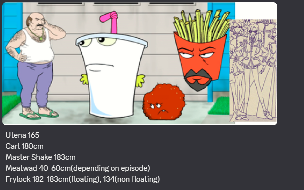 Argonbolt's tweet photo. Finally answering the most important question of all:
"How tall is Utena Tenjo relative to the cast of Aqua Teen Hunger Force?" https://t.co/J3mIzDjMLU