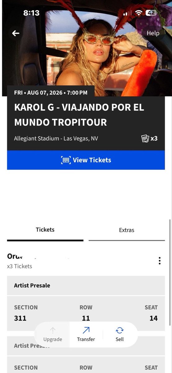 svnat_'s tweet photo. Selling 1 ticket to Karol G’s Vegas show tonight (8/7)!! Section 311 Row 11 Seats 14 @ face value! #KarolG #LasVegas #ViajandoPorElMundoTropitour https://t.co/H6XJlLODzY