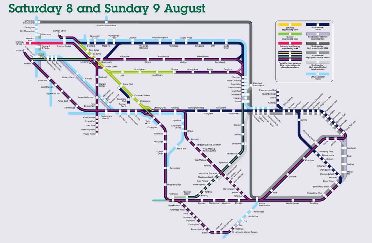 Se_Railway's tweet photo. ๐งWeekend engineering work Sunday 9th August:
โ No trains to #LondonCharingCross or #LondonCannonStreet
๐ Hastings, Grove Park and Paddock Wood line services will run on alternative routes
๐ Buses replace trains between #HitherGreen and #NewEltham
โน๏ธ https://t.co/yw1xtgVg52 https://t.co/ZAtIp4De7R
