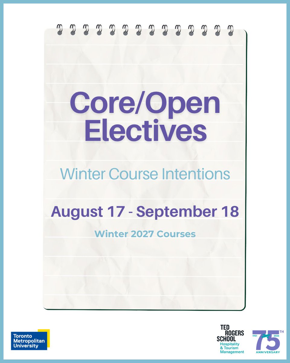 THEMTorontoMet's tweet photo. Course intentions for Winter 2027 must be submitted between Aug 17 – Sept 18, 2026
This process is mandatory — if you don’t submit your course intentions on time, you may risk courses  missing out on a spot.
📍Submit your selections via MyServiceHub and secure your spot early! https://t.co/H2N24O133s