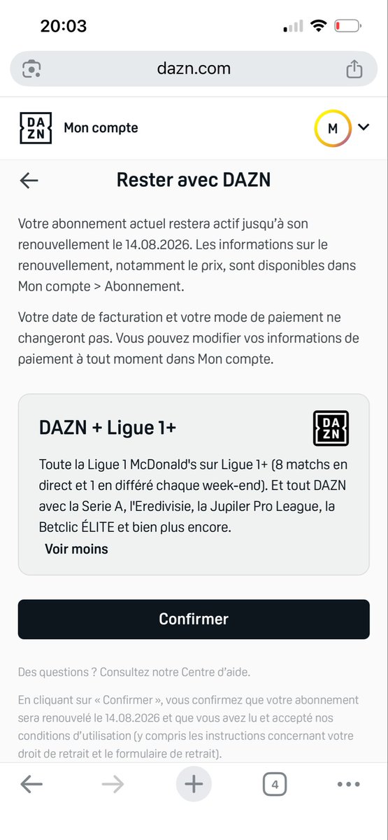 DucrestMickael's tweet photo. @DAZN_FR 
Je voulais supprimer mon compte! Mais avec l’arrivée de @Ligue1 au complet &amp; @LaLiga vous m’avez convaincu.
Toutefois si je souhaite reprendre le réabonnement ceci ne me semble pas clair et ne comprends pas.
Je passe par Google, je partage comment mon compte à mon fils? https://t.co/9xDFB93lgL