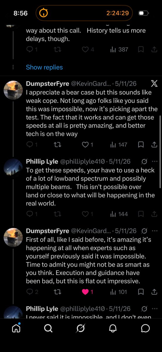Kris2214579's tweet photo. @AlexfromBabylon Always do, Phil is usually only committal to calling out delays (wow, impressive in the space industry) to avoid being wrong but things like this where they all agreed they achieved these speeds on “unlimited” or 25x25/40x40 spectrum when it ended up 10x10, show their - bias. https://t.co/9rYqg8f3qt
