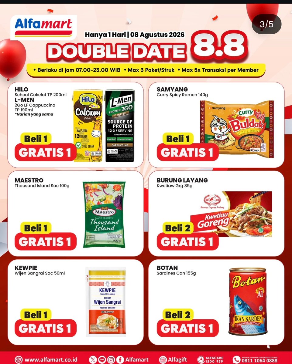 kimmyexp's tweet photo. BUY 1 GET 1 ALFAMART 8.8

📍cuma hari ini (8 Agustus 2026)
📍bisa langsung ke toko & via alfagift
📍Berlaku jam 07:00-23:00
📍maksimal 3item per trx
📍maksimal 5x trx per member

Khusus Member & Alfagift

garap ini nanti😻 combo vocer alfamart x shopee hasil flashsale 😻 (bisa tumpuk 3x voc di app alfagift)