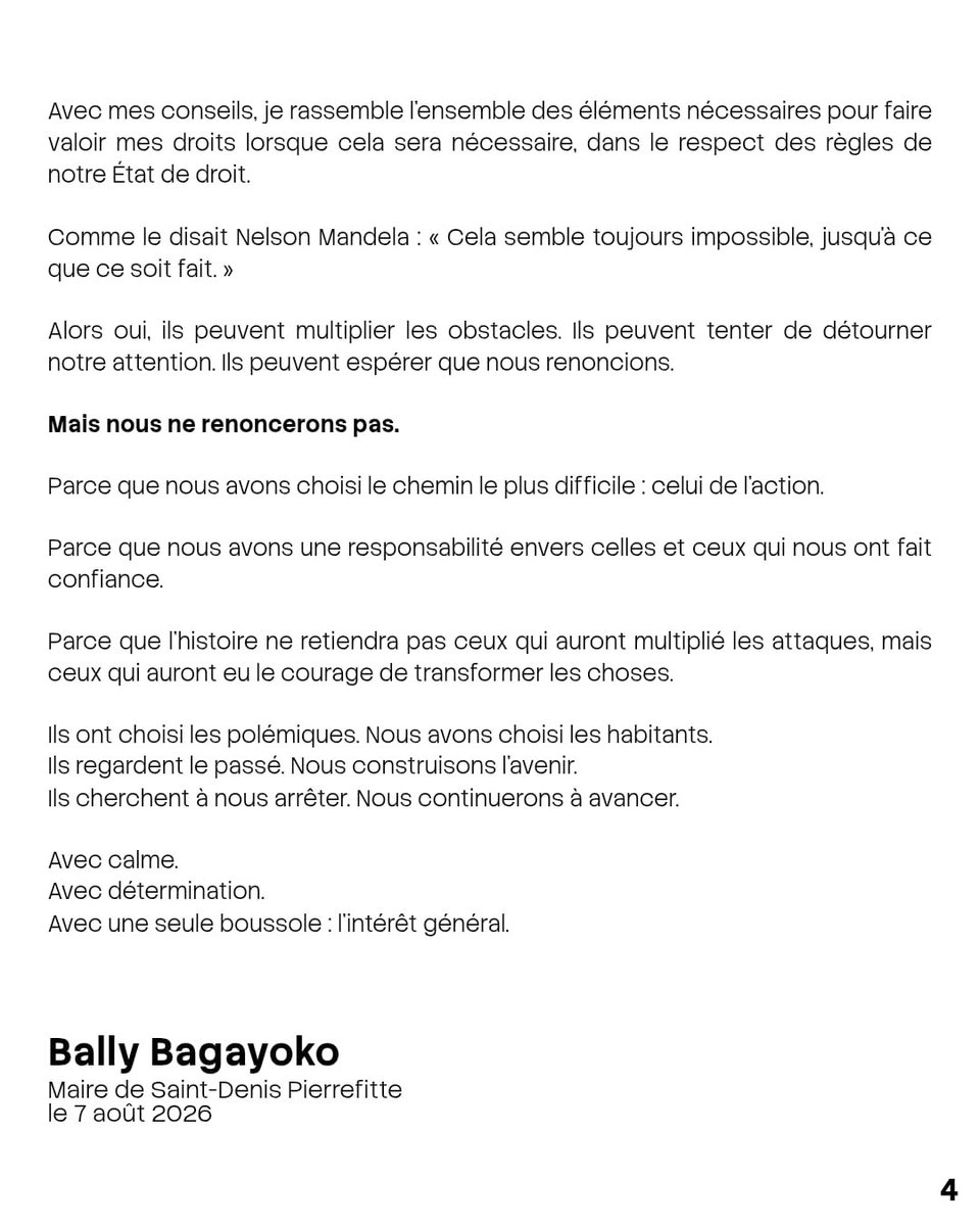 BallyBagayoko's tweet photo. 🙏 Merci pour votre soutien. Notre détermination est intacte.

Merci pour votre soutien. Depuis plusieurs jours, vos nombreux messages de confiance et d’amitié me touchent profondément. Ils renforcent ma détermination à poursuivre la mission que vous m’avez confiée.

Pendant que certains alimentent les polémiques, je reste concentré sur l’essentiel : agir pour les habitants, être sur le terrain et préparer l’avenir de notre territoire.

Les attaques ne détourneront ni mon engagement, ni mon énergie. Avec mes conseils, je ferai valoir mes droits lorsque cela sera nécessaire, dans le respect de notre État de droit. D’ici là, je ne participerai pas à cette séquence politico-médiatique.

Nous continuerons à avancer avec calme, sérieux et détermination. Notre seule boussole reste l’intérêt général et la confiance des habitants.