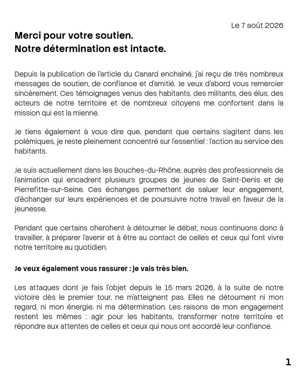 BallyBagayoko's tweet photo. 🙏 Merci pour votre soutien. Notre détermination est intacte.

Merci pour votre soutien. Depuis plusieurs jours, vos nombreux messages de confiance et d’amitié me touchent profondément. Ils renforcent ma détermination à poursuivre la mission que vous m’avez confiée.

Pendant que certains alimentent les polémiques, je reste concentré sur l’essentiel : agir pour les habitants, être sur le terrain et préparer l’avenir de notre territoire.

Les attaques ne détourneront ni mon engagement, ni mon énergie. Avec mes conseils, je ferai valoir mes droits lorsque cela sera nécessaire, dans le respect de notre État de droit. D’ici là, je ne participerai pas à cette séquence politico-médiatique.

Nous continuerons à avancer avec calme, sérieux et détermination. Notre seule boussole reste l’intérêt général et la confiance des habitants.