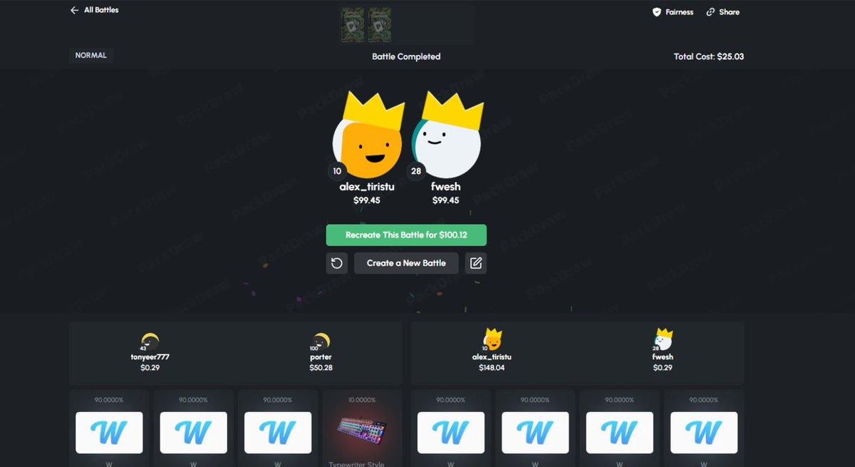 TonyeerKick's tweet photo. Just ran a $100 free battle for code ''tonyeer'' affiliates on @PackDraw Congratulations to the winners!

Don't forget to join my Discord server so you don't miss any free battles!
Join : https://t.co/Fj3FVUcYl6

💰Random RT + tag gets $25

Rolling in 72 hours ⏱️ https://t.co/Kkhj6HKudP