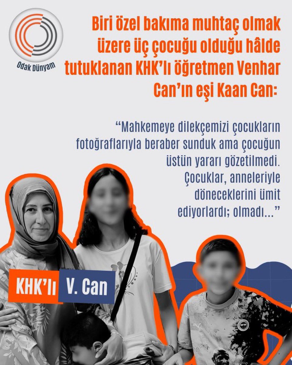 odakdunyam's tweet photo. Venhar Can’ın tutuklanması sadece onun özgürlüğünü kısıtlamadı; üç küçük çocuğun bakım düzenini de altüst etti. En ağır sonucu ise annesine kesintisiz ihtiyaç duyan İhsan yaşıyor.

İhsanVeSelmanın SesiOl https://t.co/OogoGN9YlM