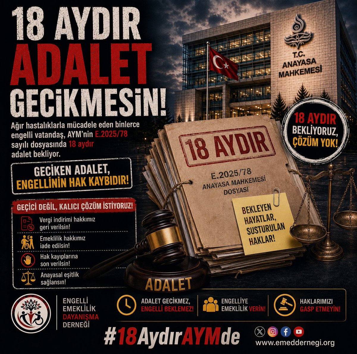 NaezLi's tweet photo. Engelli emeklilik hakkı anayasal bir haktır. AYM'nin E.2025/78 sayılı dosyasında 18 aydır karar bekleniyor. Daha fazla gecikmesin! #18AydırAYMde https://t.co/XQzAI2hgHy