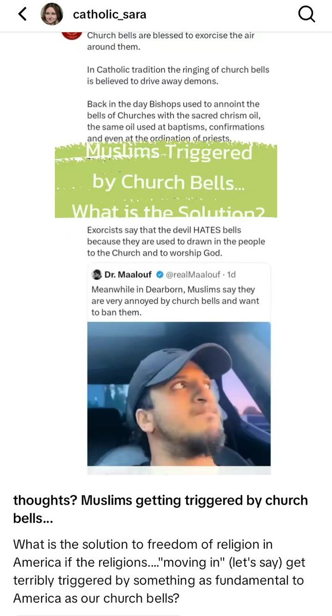 Sara_Vee_'s tweet photo. What is the solution? Does freedom of religion in the US have a limit, if the invading religions are triggered by something like church bells? https://t.co/VEFSygIMj0