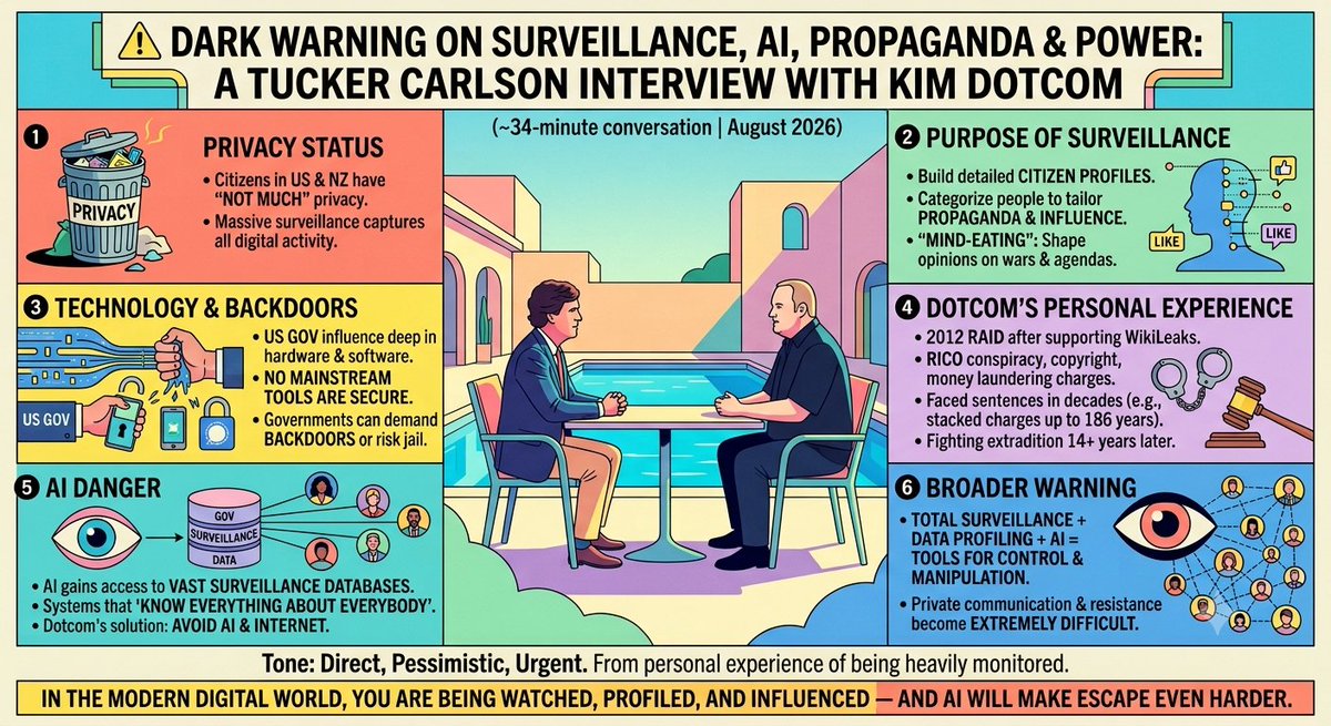 marketmobnews's tweet photo. @TuckerCarlson Dark Warning on Surveillance, #AI, Propaganda &amp; Power #TuckerCarlson Interview with #KimDotcom Infographic #privacy https://t.co/9Zmw3ZPPMD