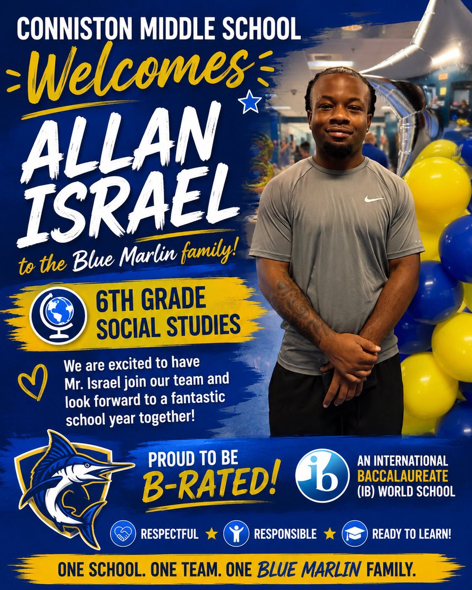 ConnistonMiddle's tweet photo. Please join us in welcoming Allan Israel to the Conniston Middle School family as our new 6th grade Social Studies teacher!
@jamesthomas3601 @JavierOrtolaza @kgwhetsell @derwingatlin1 @FRiveraPBC https://t.co/OKodaCdiqm