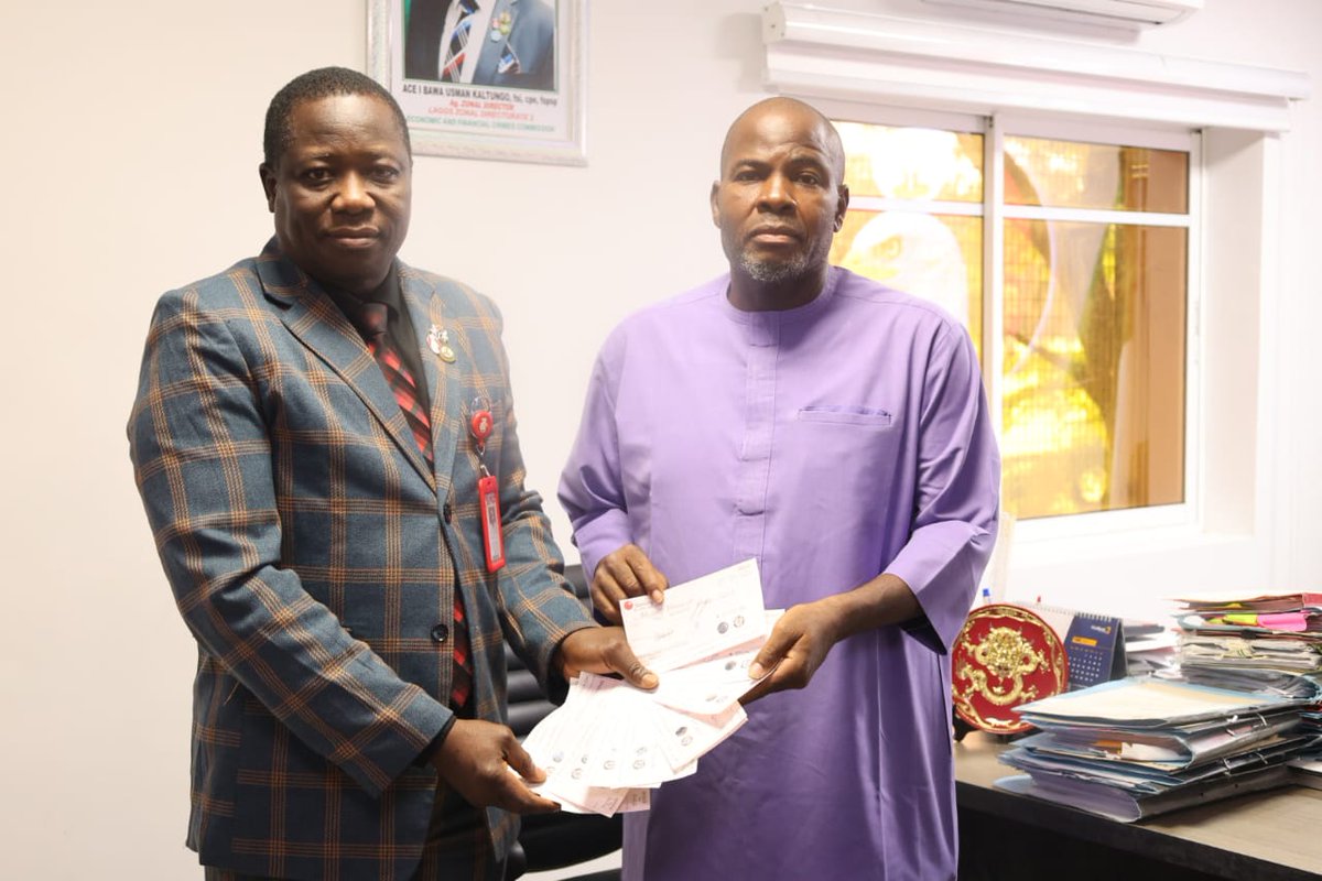 officialEFCC's tweet photo. EFCC Hands Over Recovered N125m to Land Fraud Victim in Lagos

The Lagos Zonal Directorate 2 of the Economic and Financial Crimes Commission, EFCC, Ikoyi, Lagos, on Thursday, August 6, 2026, handed over the sum of N125,000,000.00 (One Hundred and Twenty-five Million Naira) to the victim of an alleged land fraud, Akinsewa Akiode.

The recovery of the funds, handed over in Sterling Bank drafts, followed a petition submitted by Akiode, who alleged that one Olufemi Omoola Fashehun defrauded him of N125,000,000.00 (One Hundred and Twenty-five Million Naira) under the pretext of selling to him a parcel of land measuring 550 square metres, located at No. 10, Kudirat Abiola Way, Oregun, Lagos State.

The petitioner further alleged that the suspect deliberately concealed the existence of a pending court case affecting the property, which has been before the court since 2011.

Investigation revealed that despite having been served with several court processes, including injunctions restraining him from carrying out any form of construction on the property, the suspect failed to disclose this material fact before collecting the purchase money.

Consequently, the petitioner lost both the property and the developments under construction on the land, prompting him to petition the Commission.

Upon the conclusion of investigations, the Commission recovered N125,000,000.00 (One Hundred and Twenty-five Million Naira) from the suspect and made restitution to the petitioner by presenting him with the recovered funds through Sterling Bank drafts.

Speaking during the handover, the Acting Zonal Director, Lagos Zonal Directorate 2, EFCC, Ikoyi, Lagos, Assistant Commander of the EFCC,  ACE I Bawa Usman Kaltungo, reiterated the Commission's commitment to investigating economic and financial crimes, recovering the proceeds of crime, and ensuring that victims of fraud are restituted whenever necessary.