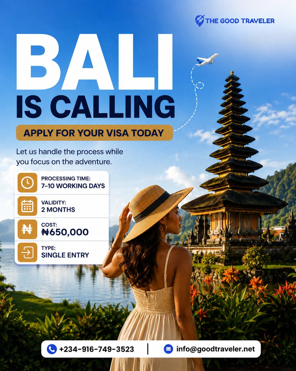 goodtravelerltd's tweet photo. Are you interested in visiting and exploring Bali?
Let’s help you handle your Bali visa process smoothly.
Start your application today.
Call/WhatsApp: +234-916-749-3523
Email: info@goodtraveler.net
#balivisa #travelbali #visaservices #thegoodtraveler https://t.co/5AqKKLfWMx