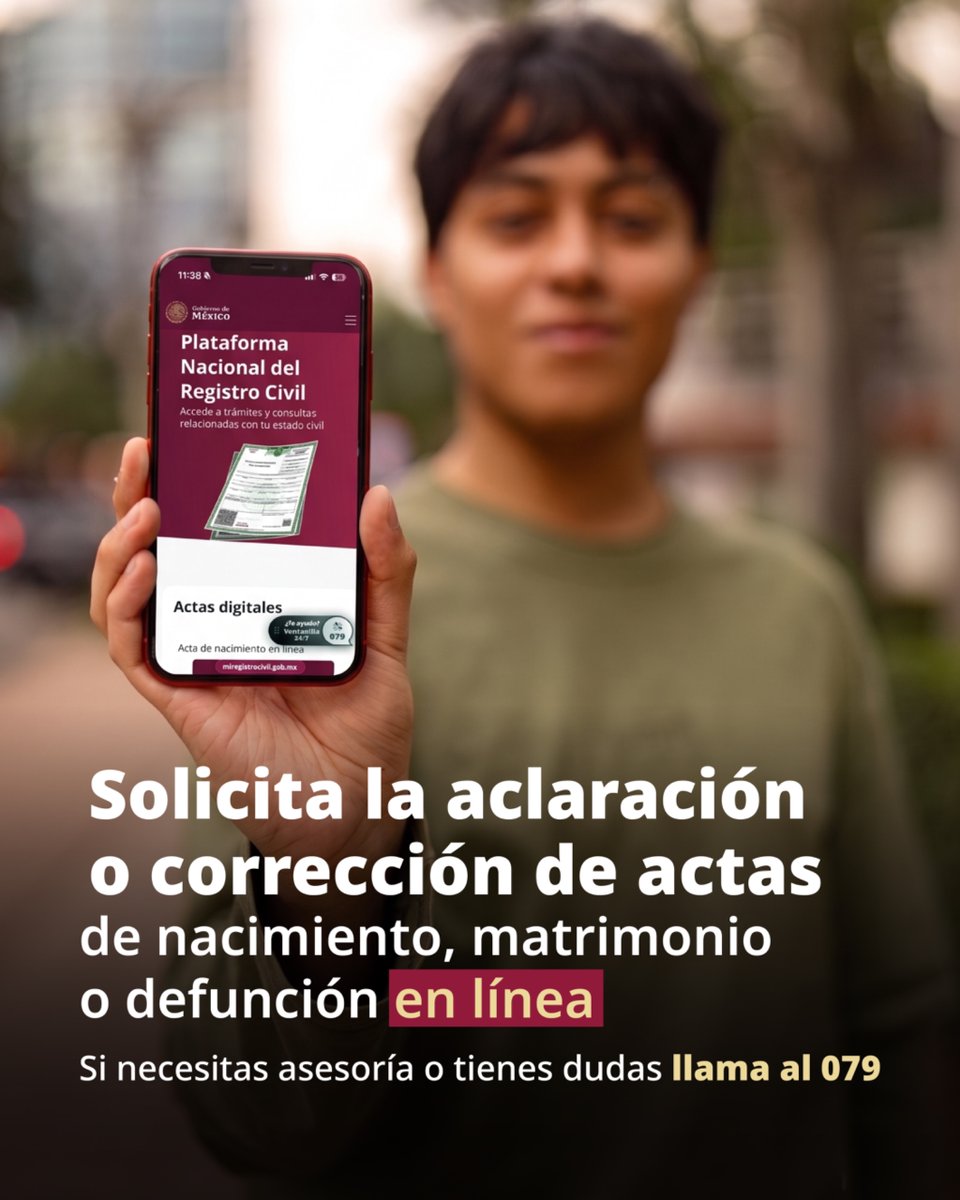 AgenciaGobMX's tweet photo. ¿Tienes un acta con un error en el nombre, fecha o lugar? 
Ya no necesitas salir de casa, haz el trámite en línea en la Plataforma Nacional del Registro Civil 💻📲
https://t.co/f906oH6Gu0

Ingresa al sitio y solicita el trámite de  aclaración o corrección de acta de nacimiento, matrimonio o defunción sin intermediarios y en solo tres pasos:

1⃣Crea una cuenta o inicia sesión en Llave MX
2⃣Ingresa la información del acta 
3⃣Sube el archivo de identificación oficial del titular y del acta a modificar

Recibe la respuesta en tu correo o entra a tu cuenta Llave MX para saber el estatus y si necesitas asesoría o tienes dudas, llama al 079 ☎️ Servicio 24/7