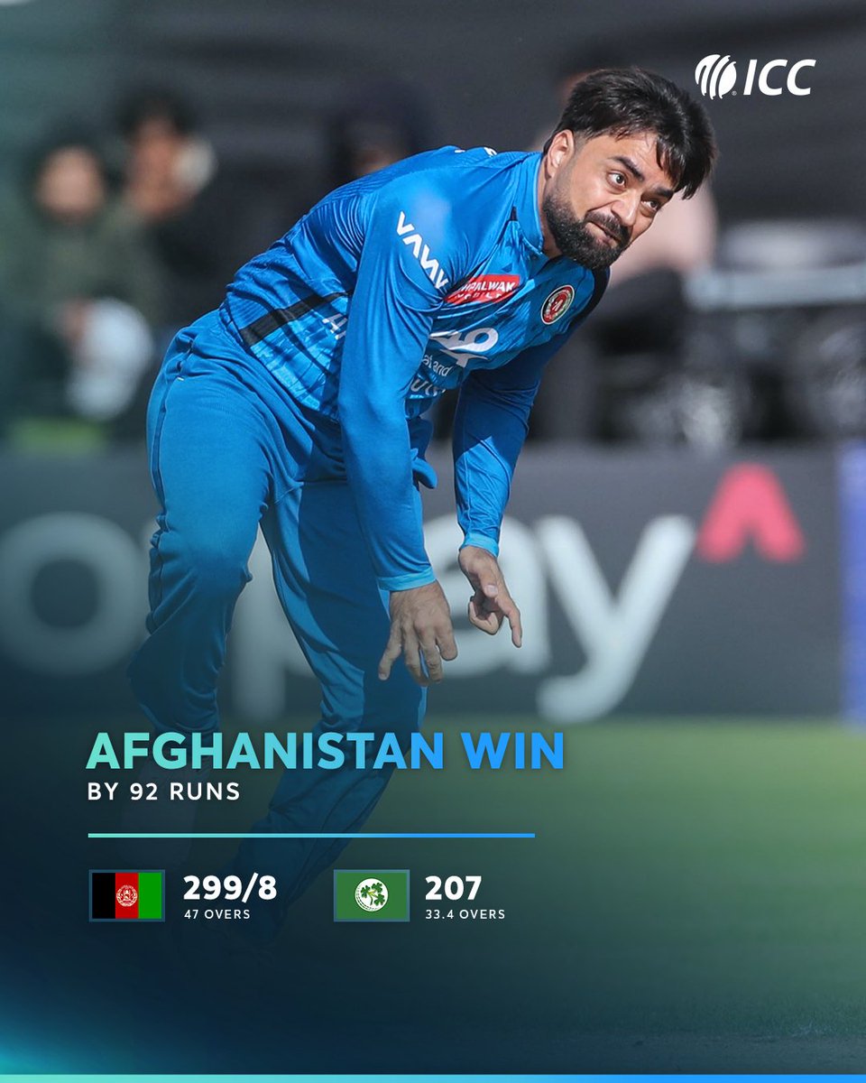 ICC's tweet photo. Afghanistan take the lead in the ODI series against Ireland with a comprehensive display 👏

📝: https://t.co/6CpD7vmn4p | 📸: @ACBofficials https://t.co/4R0b1xZr16
