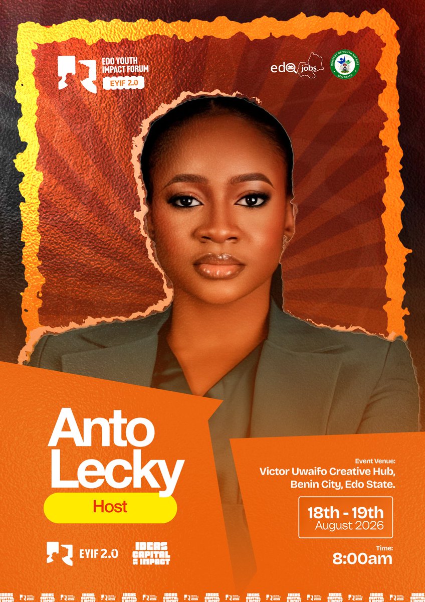 edoyif's tweet photo. Your hosts for #EYIF2026: Anto Lecky  (Senior Special Assistant to the Gov of Edo State on Tourism &amp; Creative Economy) + MC Edopikin  (Humour Awards-winning comedian) 🎤😂

Reserve your seat now. Link in bio

#eyif2026 #eyif #EdoYouthImpactForum #ideascapitalimpact https://t.co/noFdDUfSKr