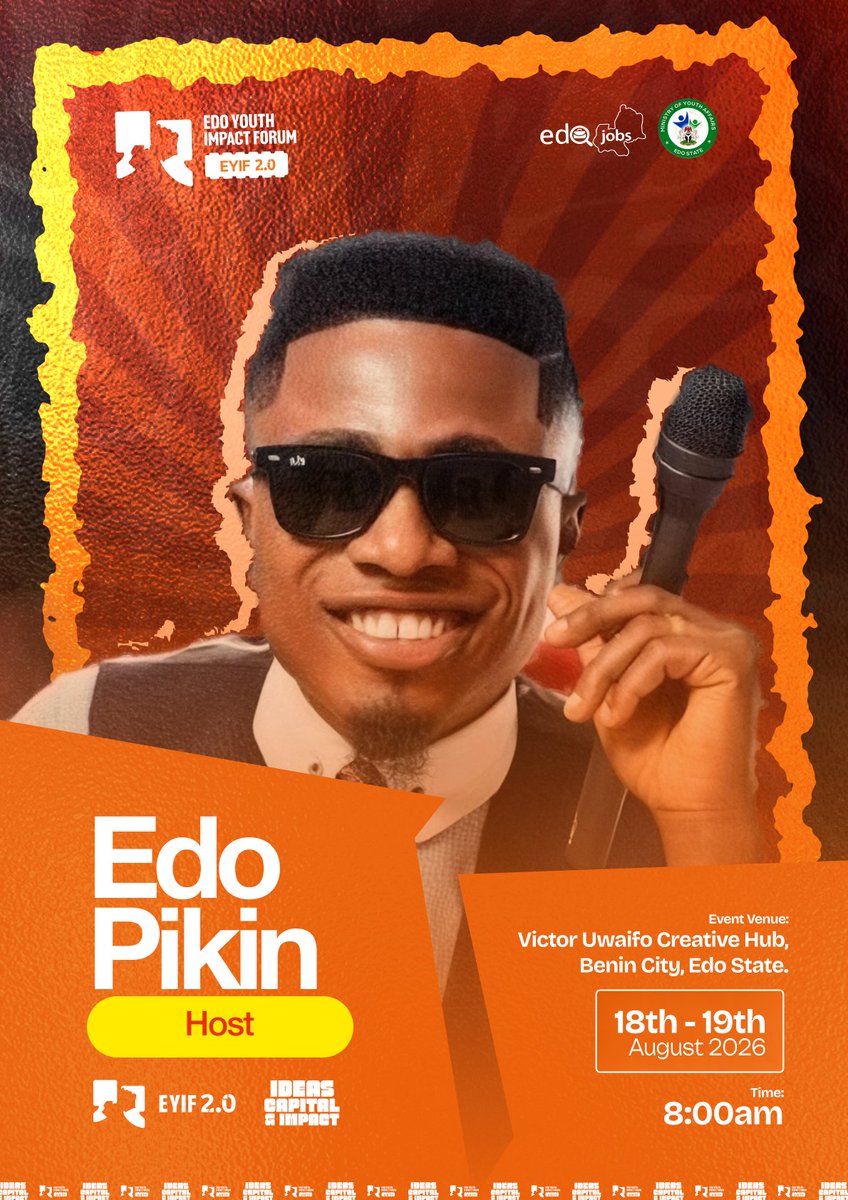 edoyif's tweet photo. Your hosts for #EYIF2026: Anto Lecky  (Senior Special Assistant to the Gov of Edo State on Tourism &amp; Creative Economy) + MC Edopikin  (Humour Awards-winning comedian) 🎤😂

Reserve your seat now. Link in bio

#eyif2026 #eyif #EdoYouthImpactForum #ideascapitalimpact https://t.co/noFdDUfSKr