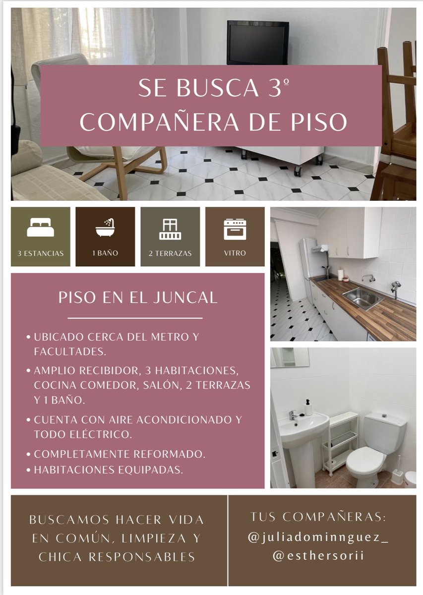 juliadominn_'s tweet photo. Se busca compañera de piso para el curso 2026/2027, en El Juncal (Sevilla)‼️‼️

#pisosevilla #compañeradepiso #sevilla #estudiantes #Eljuncal https://t.co/wPE5oA9an8