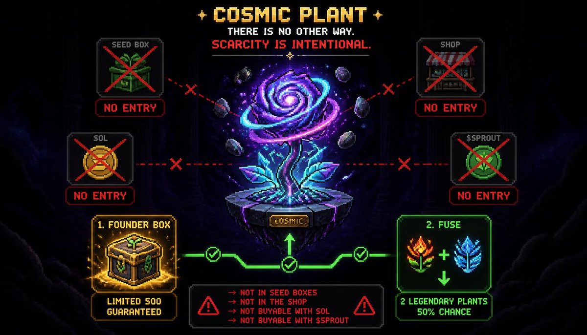 sssproutfarm's tweet photo. the cosmic plant. ✨

one more time, for those in the back:

→ not in seed boxes
→ not in the shop
→ not buyable with SOL
→ not buyable with $SPROUT

only options:
1. founder box (limited 500, guaranteed)
2. fuse 2 legendary plants (50% chance)

there is no other way.
scarcity is intentional.

website - https://t.co/NdJZ4C6yU4
tg - https://t.co/7w6vYIjG7S