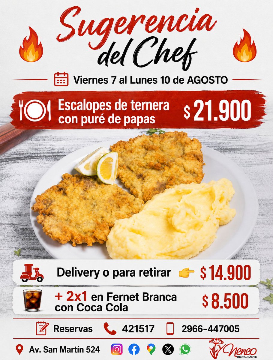 NeneoRestaurant's tweet photo. 🔥 Sugerencia del Chef 🔥

📆 Viernes 7 al Lunes 10 de AGOSTO 

🍽️ Escalopes 👉 $ 21.900

🛵 Delivery  retirar 👉 $ 14.900

🍸 #2x1 en #Fernet #Branca con #CocaCola $ 8.500

📝 Reservas 2966-447005
📍 Av. San Martín 524
#RíoGallegos #Restaurante #Escalopes #Almuerzo #Cena #Promo https://t.co/rdRdvVn0xp