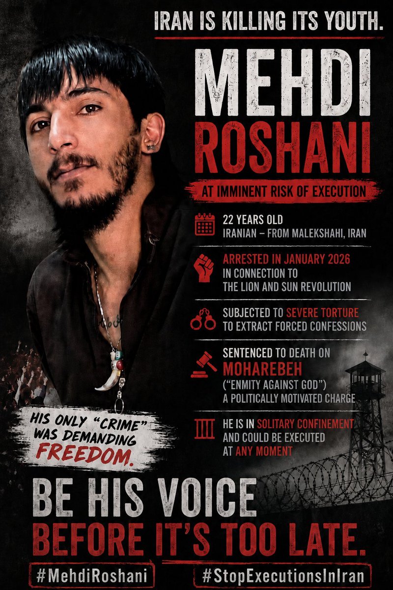 Gomnam20006's tweet photo. Mehdi Roshani’s life is in danger. He is at risk of execution. Be his voice.🙏🏻😔🥀

#SaveMehdiRoshani
#StopExecutionsInIran
#مهدی_روشنی https://t.co/ZtfNw65Fwy