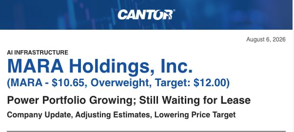 cazenove_uk's tweet photo. Today @Official_Cantor provided @MARA with an 'Overweight' Rating and a Price Target of $12.00 post their latest earnings update.  The key takeaway is the anticipation of a lease being signed.

We have @fgthiel the CEO of $MARA on the Power Analysis podcast, today, to provide more colour on deals hopefully signed this year!!