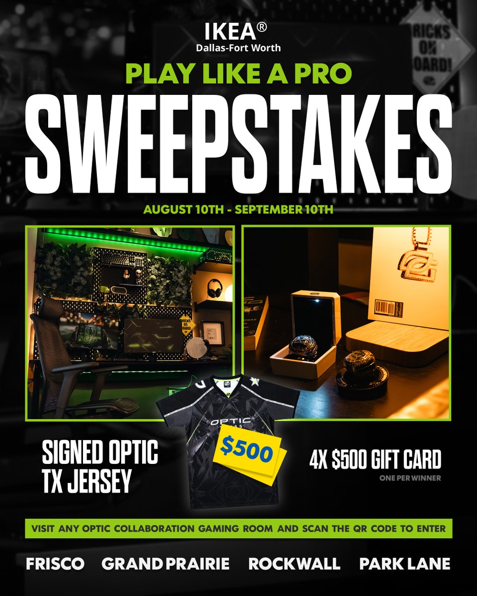 OpTic's tweet photo. We've partnered with @IKEAUSA DFW to bring you the Play Like a Pro Sweepstakes! 🎮

Visit and signup at one of our OpTic x IKEA Store collaboration rooms at IKEA Frisco, IKEA Grand Prairie, IKEA Rockwall, or IKEA University Park to enter for your chance to win a $500 IKEA Gift Card and a signed OTX jersey.