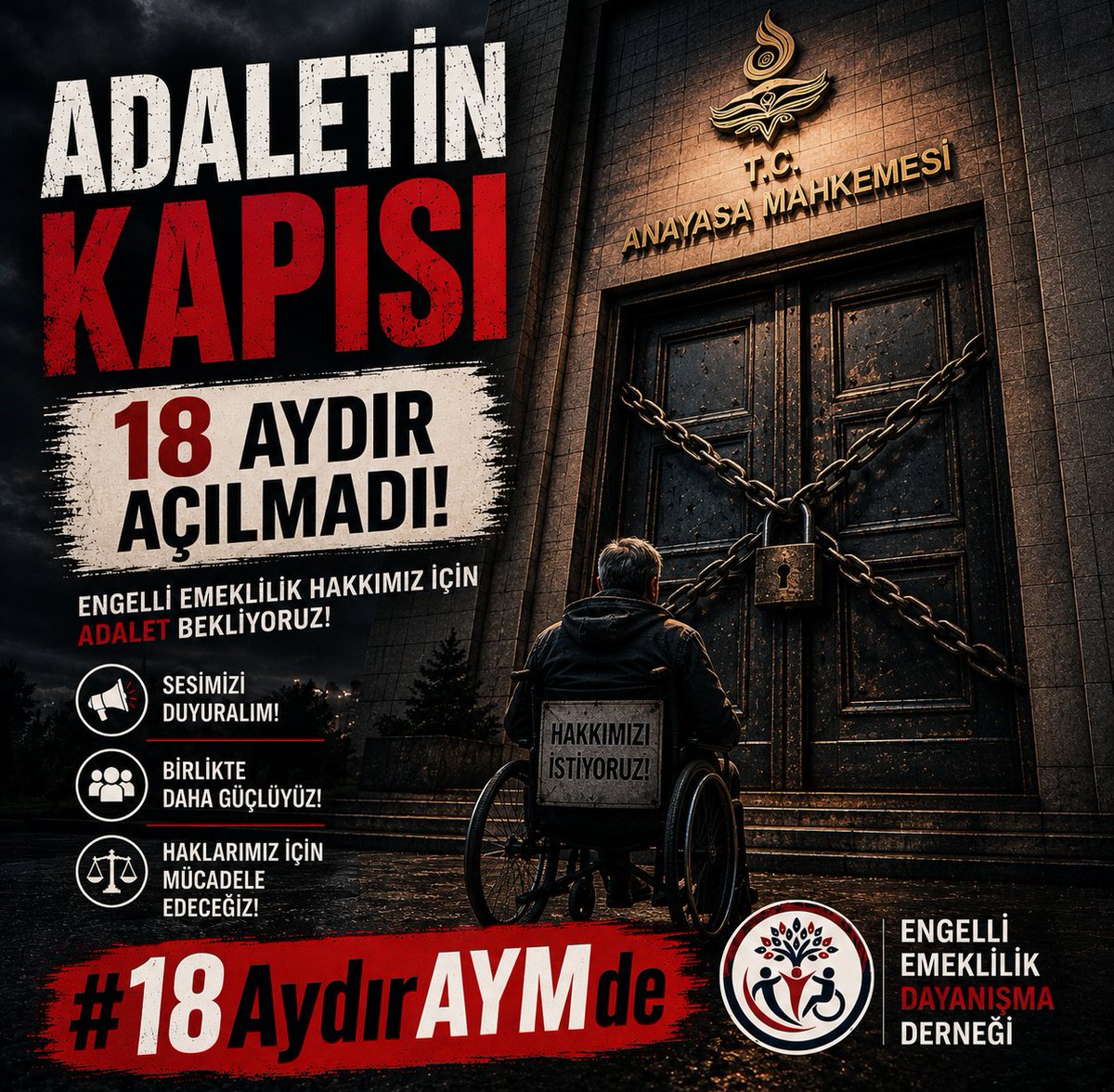NaezLi's tweet photo. Engelli Emeklilik hakkı için verilen hukuk mücadelesinde geçen her gün; yeni hak kayıpları, yeni mağduriyetler ve büyüyen belirsizlik anlamına geliyor. #18AydırAYMde https://t.co/NgIle4dCKk