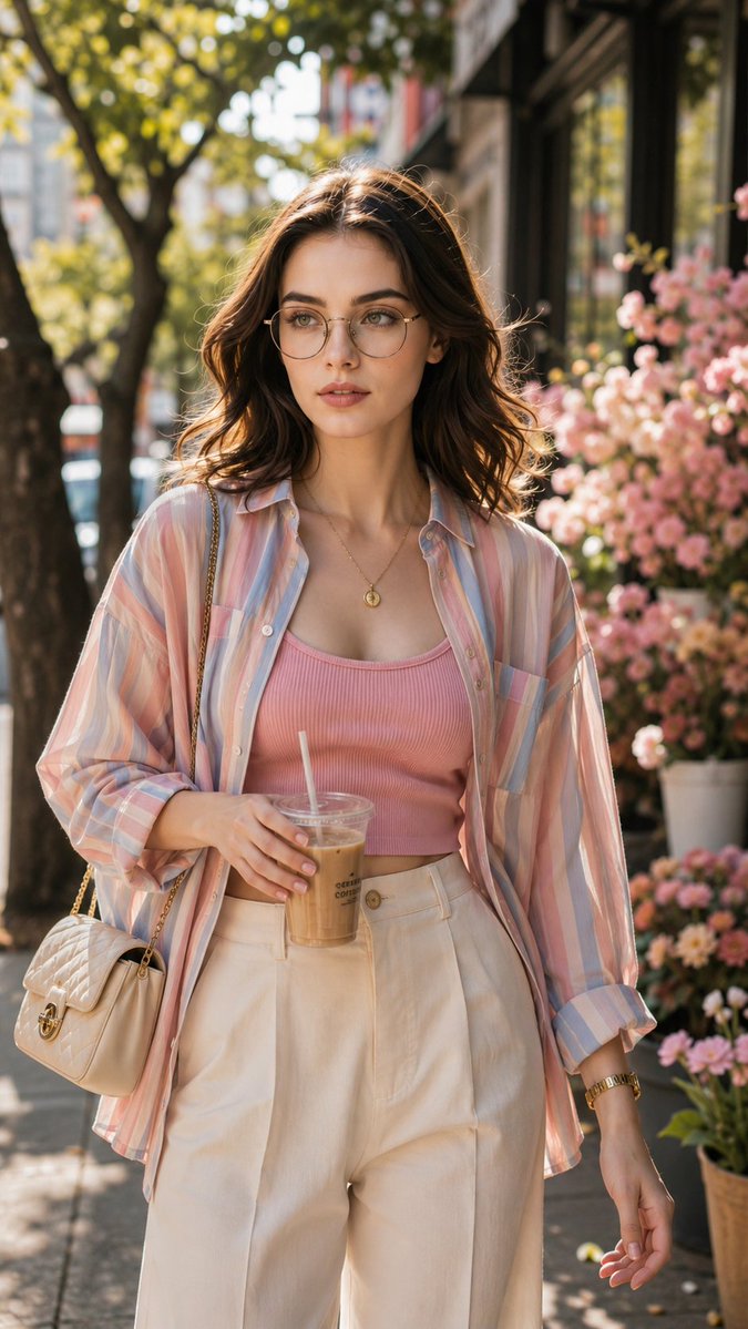 gemini_prompts's tweet photo. Trend 753
New aesthetic prompts for girls to try out - part 6 👀👄✨

Prompt 1:
"Cinematic street-style portrait of a young woman(match face) walking down a sunlit urban sidewalk, wearing round wire-rim glasses, a pastel pink, blue, and cream vertical-striped oversized button-up shirt worn open over a ribbed pink cami tank top, high-waisted cream wide-leg trousers, a delicate gold pendant necklace, and a gold wristwatch. She carries a small cream quilted leather shoulder bag with gold hardware and holds an iced coffee in a clear plastic cup with a straw. Soft golden-hour sunlight, warm bokeh background of a flower shop with pink blossoms, tree-lined street, blurred storefronts. Editorial fashion photography style, shallow depth of field, warm pastel color grading, natural candid pose, hair softly tousled by breeze, shot on 85mm lens, soft diffused lighting --ar 9:16"

Prompt 2:
"Use the uploaded reference image as the only identity source. Preserve the exact facial features, face shape, skin tone, hairstyle, eye shape, eyebrows, nose, lips, jawline, body proportions, and realistic skin texture with zero identity drift. Maintain authentic pores, natural facial symmetry, and true-to-life lighting response.
Create an ultra-realistic indoor fashion portrait that exactly recreates the composition, pose, framing, camera angle, outfit, accessories, lighting, and background shown in the reference image.
The woman stands indoors facing the camera with a gentle, relaxed smile and a slight head tilt. Her right hand softly holds a section of her long wavy dark brown hair near her shoulder, while her left arm rests naturally by her side. She is wearing delicate pearl drop earrings, a fine pendant necklace, a gold wristwatch, and carrying a structured ivory shoulder bag with a gold chain strap and gold circular clasp hanging from her right shoulder.
She wears an elegant ivory off-shoulder mini dress featuring sheer puff sleeves, a ruched sweetheart neckline with a soft bow at the center of the bust, a semi-sheer mesh waist panel, a fitted waist, and a layered ruffled chiffon mini skirt with a side-tie detail exactly matching the reference.
The setting is a refined neutral-toned interior with warm beige walls. On the left is a small cream-colored side table holding a clear glass vase filled with white roses and delicate greenery, along with a decorative box. On the right is a white doorway with soft architectural molding. The background is clean, elegant, softly blurred, and uncluttered.
Lighting is soft natural daylight entering from the front-left, producing smooth skin tones, gentle shadows, realistic fabric translucency, subtle depth of field, premium lifestyle fashion editorial quality, highly detailed chiffon textures, realistic hair strands, DSLR quality, HDR, photorealistic, masterpiece, 8K Ultra HD, vertical 9:16ar composition."