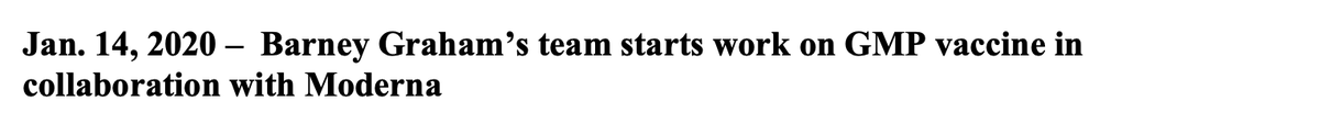 jeffreytucker's tweet photo. Fauci diary entry on January 14, 2020: "Barney Graham’s team starts work on GMP vaccine in collaboration with Moderna." Then on May 15, 2020: announcement of "the interagency plan to develop a COVID-19 vaccine by the end of the year and have 100 million doses by November and 300 million by Jan. 2021. This is the plan that we have been working on for some time at NIAID." 

Observations: 

1) Two weeks before Fauci et al. met to cover up the virus origin, with the virus barely in the news, they already hit the labs to make the inoculation; 

2) Barney Graham (now gone from NAIAD) since 2018 owned a patent (WO2018081318A1) focusing on manipulating the spike protein to generate immune response for coronavirus; 

3) Moderna, a company solely focused on mRNA which had never made a product but had huge capital base, was already the chosen one;

4) the plan all along was to wait until after the election hence the length of lockdowns even after seroprevalence levels were high by virus of natural exposure;

5) the shot was always a IC/DOD/BARDA project which is exactly what one would expect from what was in fact a military countermeasure, a "plan" for what to do for the release of manufactured virus.