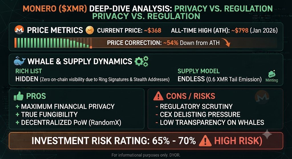 ChainPathfinder's tweet photo. Monero ($XMR) analysis:
• Endless supply (0.6 XMR tail emission)
• Hidden holders &amp; untraceable txs 
• Shady darknet ties &amp; heavy CEX delist risks
Trading at ~$368 (~54% down from $798 ATH)
Ultimate privacy vs. high regulatory heat
Would you risk it? 🕵️‍♂️💸

#XMR #Crypto https://t.co/xHbxQEJSsk