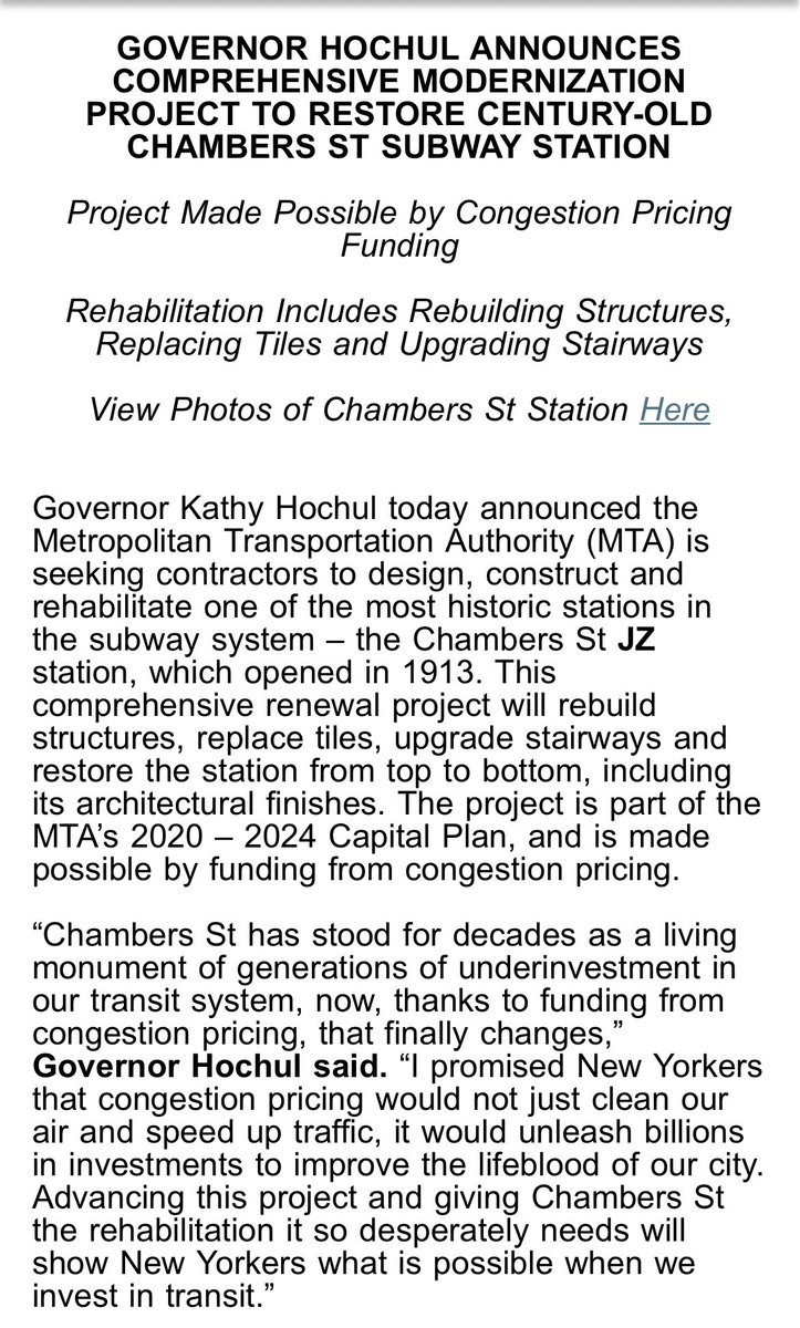 AndrewGiambrone's tweet photo. Chambers Street, widely considered one of NYC’s crummiest subway stations, is getting a total rehab thanks to congestion pricing revenue, Gov. Kathy Hochul says.

the project will restore the station’s infrastructure &amp; appearance while preserving its historic architecture details https://t.co/vHg9STr50j