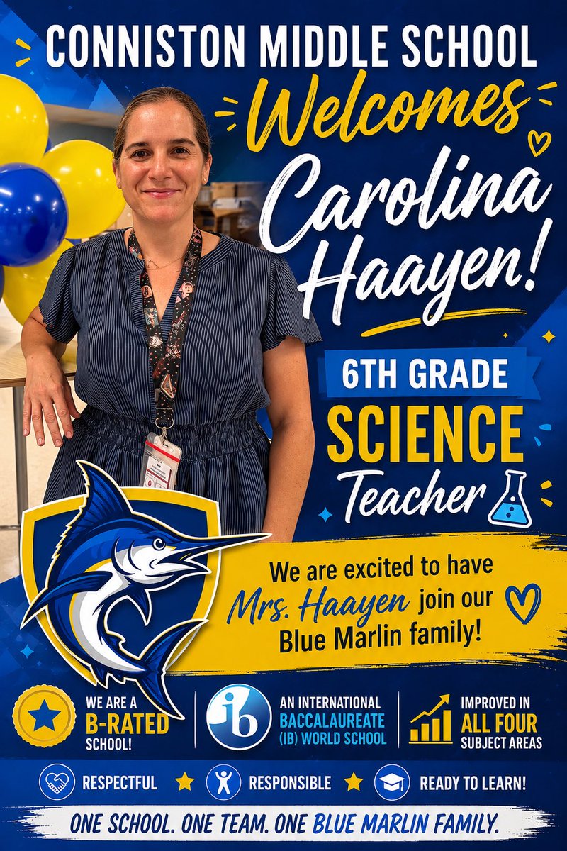 ConnistonMiddle's tweet photo. Please join us in welcoming Carolina Haayen to the Conniston Middle School family as our new 6th grade Science teacher!
@jamesthomas3601 @JavierOrtolaza @kgwhetsell @derwingatlin1 @FRiveraPBC https://t.co/wSVftDL8bp