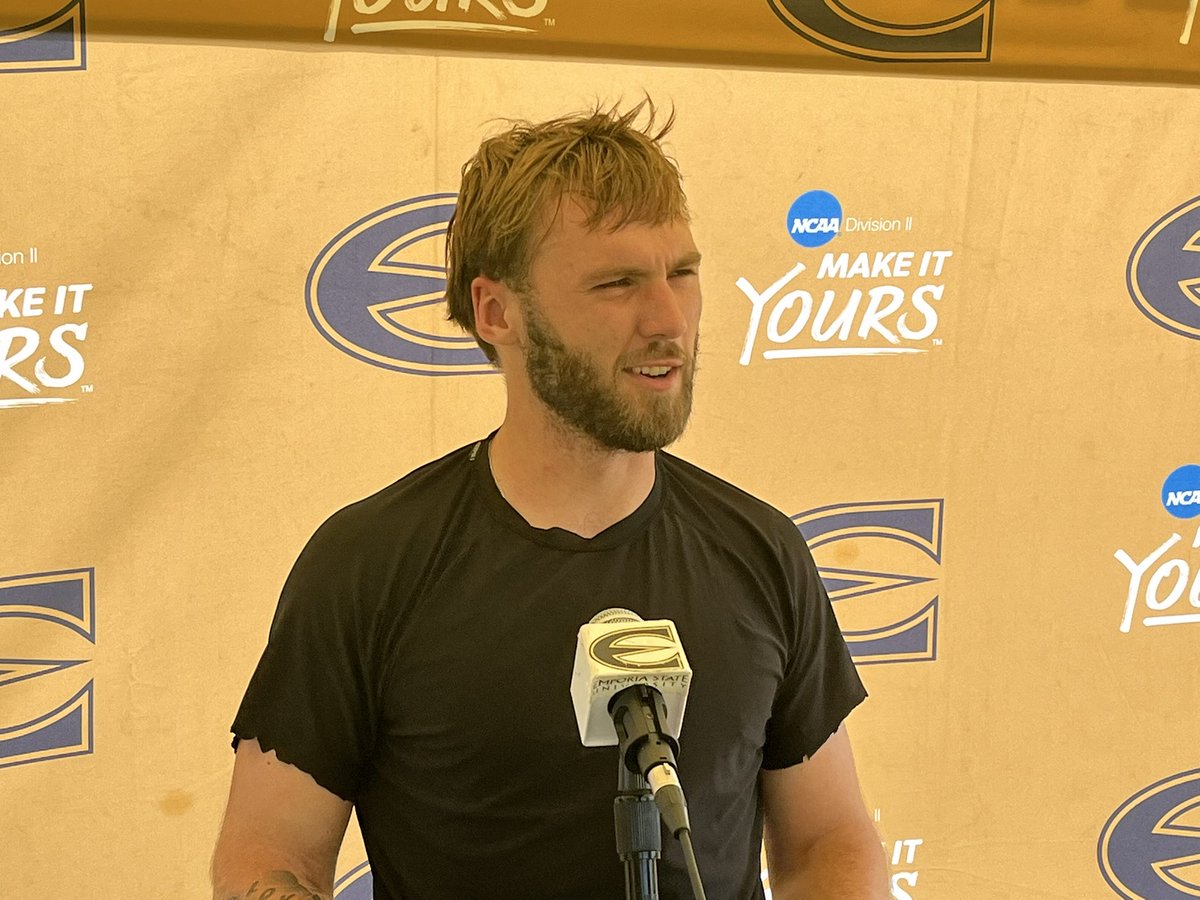 ESUSports's tweet photo. Today at the interview tent we started talking with the @esuhornetsfb offense and quarterbacks 
Ben Harris
Jamison Sarver
Josh Burdick
and QB Coach Brayden Gleason
along with HC Garin Higgins. 
#StingersUp #UNIT https://t.co/Wz2vZtPtyC