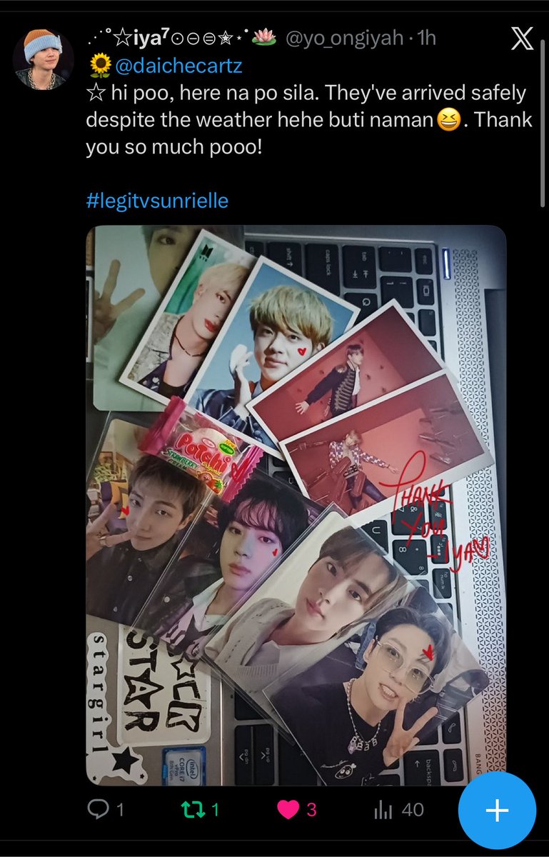 rievsunj's tweet photo. 044.
for proofs of legitimacy ! | | @daichecartz
jk, jin &amp; rm photocards sold using my bns twt account to transact (@.daichecartz) ~ tysm for adopting them >__< ! #legitvsunrielle https://t.co/kpc3c5oeZZ