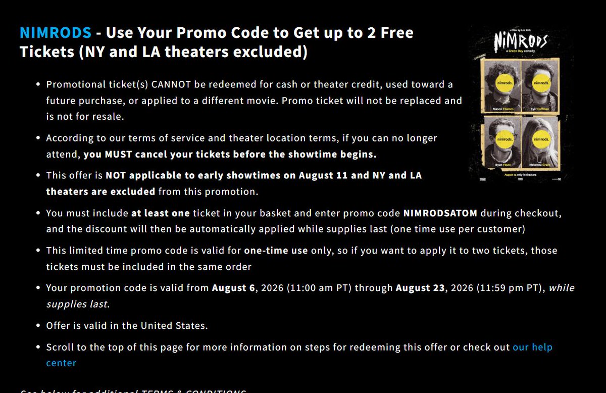 HeavenlySteals's tweet photo. Free Movie Tickets. 2 Free Tickets to See Nimrods and also 2 Free tickets to see Death at Camp Miasma. Not valid in NY or LA
Click here and follow instructions https://t.co/QImeBsaUFD
. https://t.co/BFdFQgLcEu