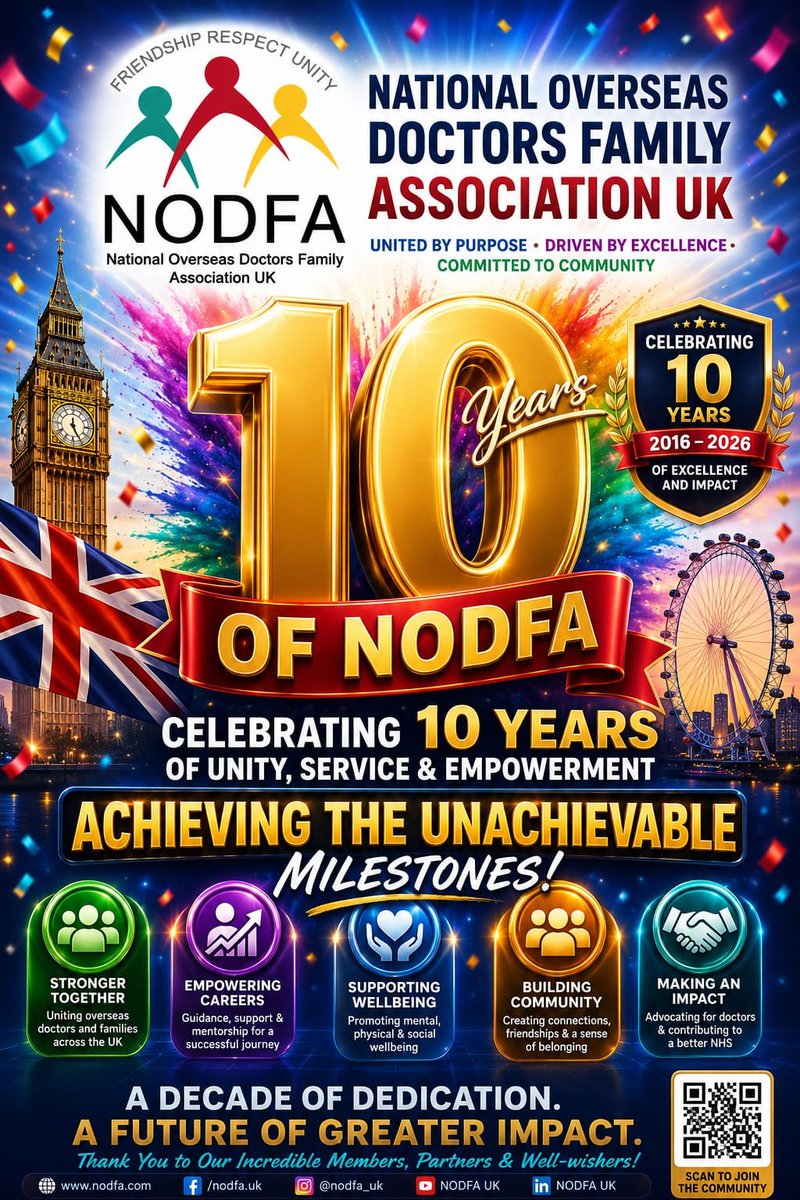 NODFAUK's tweet photo. *🌟 Grand Congratulations on the 10th Anniversary of NODFA 🌟*

Heartiest Congratulations to Every member of the National Overseas Doctors Family Association UK (NODFA) on completing a remarkable decade of dedicated service, unity, and excellence. https://t.co/GwoJbbExtK