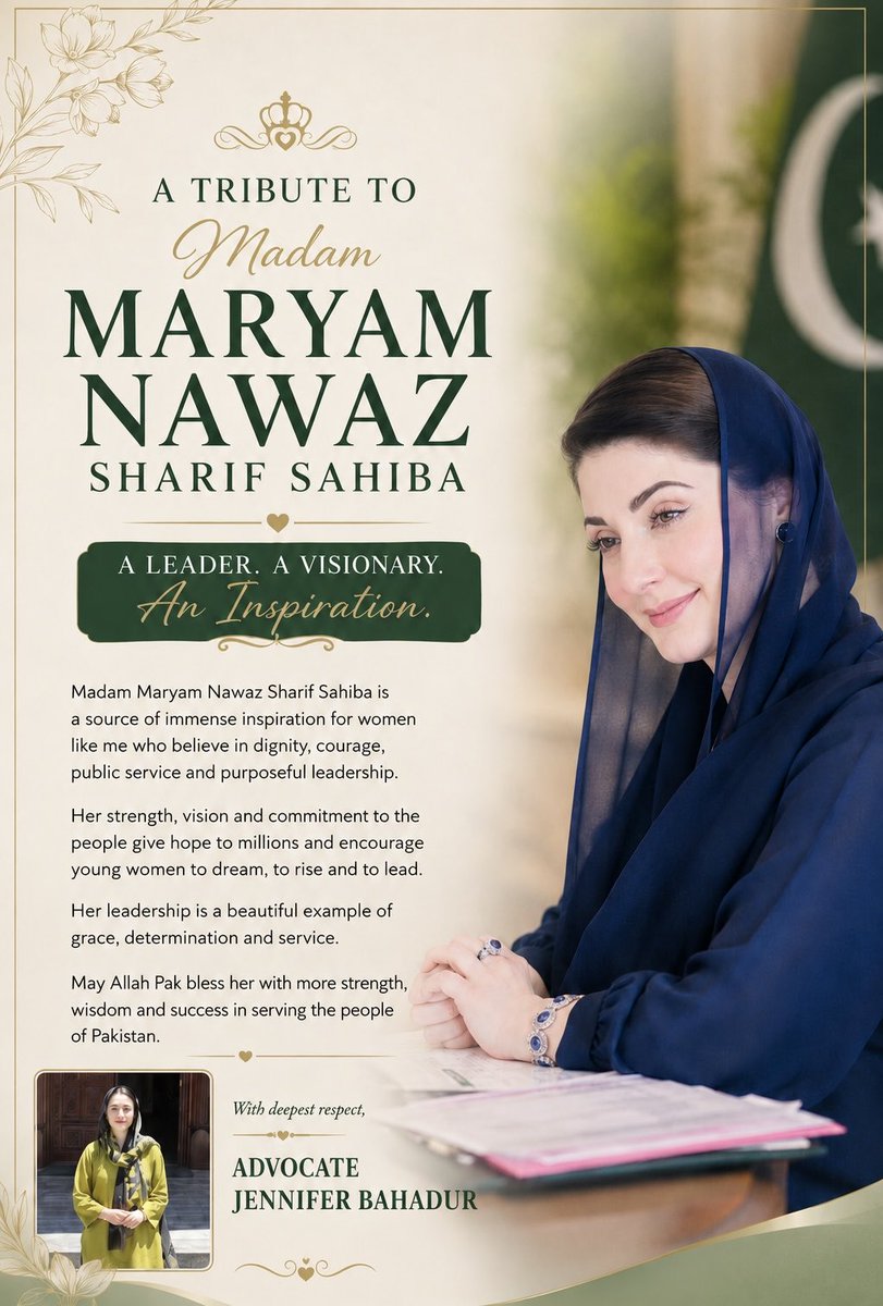 JenniferBhadur3's tweet photo. Madam Maryam Nawaz Sharif Sahiba, your visionary leadership and the development of Punjab under your guidance are a source of hope and inspiration for young women across Pakistan. May Allah Pak bless you with more strength, wisdom and success in serving the people.

#MaryamNawazSharif 
 #Punjab #WomenLeadership #GilgitBaltistan #Pakistan 
@MaryamNSharif