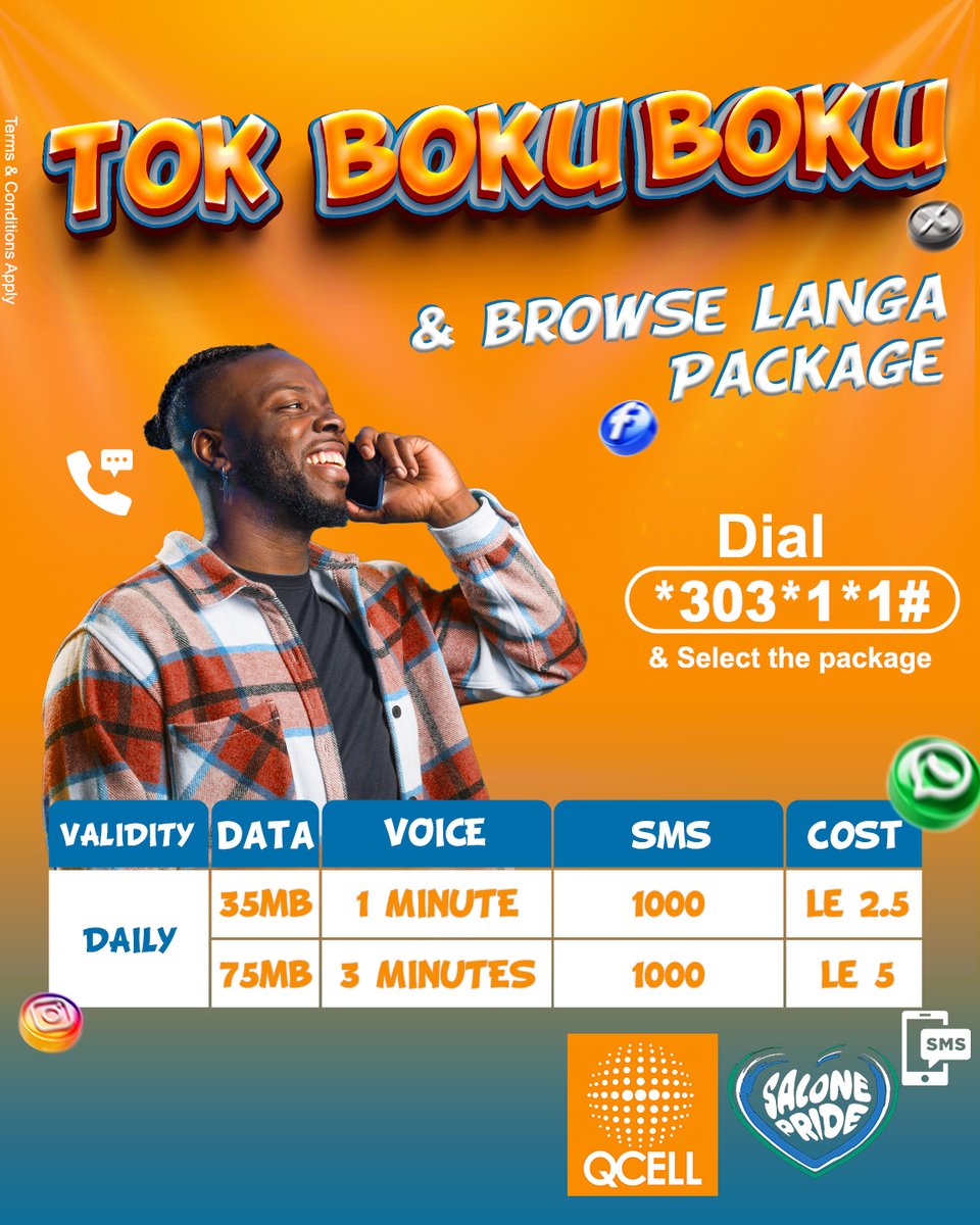 QcellSL's tweet photo. Enjoy the All in one Bundle!!!!
Stay connected every day with QCell's Tok Boku Boku and Browse Langa daily packages— with Data, Voice (On Net) and SMS.
Dial 3031*1# to get your daily package.
Call 111 for more information.
#QCellSL
#SalonePride
#CheapestNetwork https://t.co/PbzbQSTnUZ