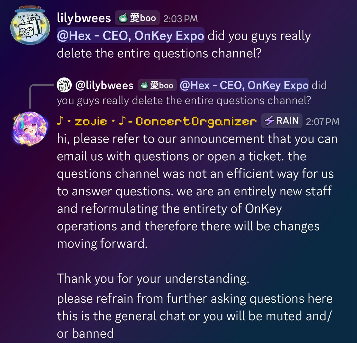 PegasusWitchVT's tweet photo. SO I don't usually post this or get involved in this sort of thing. 

BUT any good will I have had for the hope that this con would do the right thing and get things together is now OFFICIALLY GONE.

They deleted the entire questions section of their discord (including important questions), mind you this was the ONE place people could ask questions/clarification. They have now decided to ban/kick anyone asking anything of them.

Even clarification is banned. I got banned/kicked for asking for clarification.

I have been civil and just asking questions of them in the server to make sure they are actually doing as they have said they are. SO now to see how their new "staff" is handling things I would advise anyone giving them a chance to get your refund (if you can) and run away.

They are running on "vibes" and the only people allowed to remain or people that don't call their actions into question.