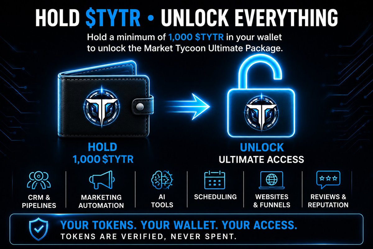 Market__tycoon's tweet photo. What if your crypto unlocked real software?

That's exactly what TYTR does.

Hold 1,000 TYTR in your wallet to unlock the Market Tycoon Ultimate Package.

Your tokens stay in your wallet.
They are verified, never spent.
Utility designed for builders, entrepreneurs, and long-term growth.

Learn more: https://t.co/4QpRo2qG7W

#TYTR #TYTRON #Solana #UtilityToken #Crypto #Web3 #Blockchain #MarketTycoon #CRM #AI #MarketingAutomation #BusinessGrowth